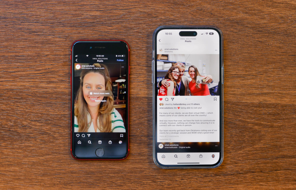 Phones showing two media formats that drive Instagram audience engagement using a portrait Reels video and a landscape image and caption.