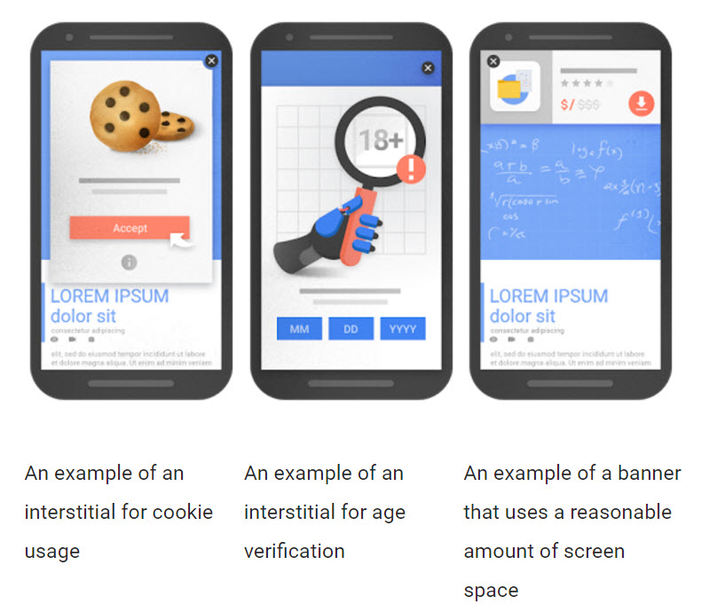 examples of techniques Google feels are responsible use of intrusive interstitials