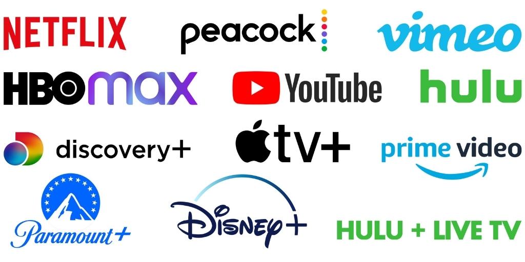Several popular streaming service logos on white background.