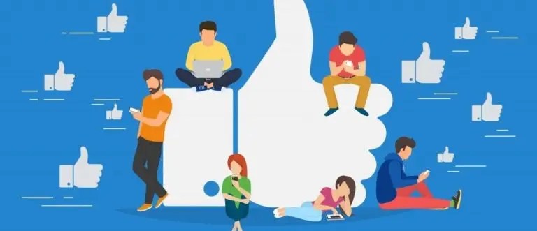 People lounging on and around a large Facebook like icon while on Facebook on mobile devices.
