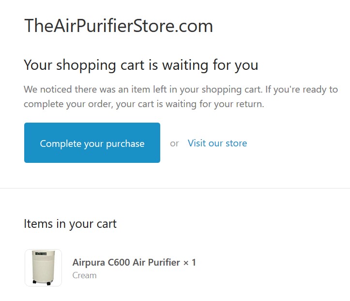 Cart abandonment email from TheAirPurifierStore.com.