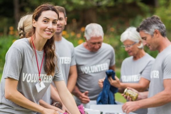 Church volunteers at food drive.