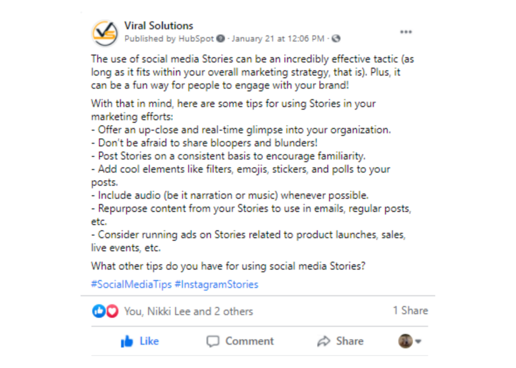  example of Viral Solutions Facebook post describing social media Stories and tips for applying