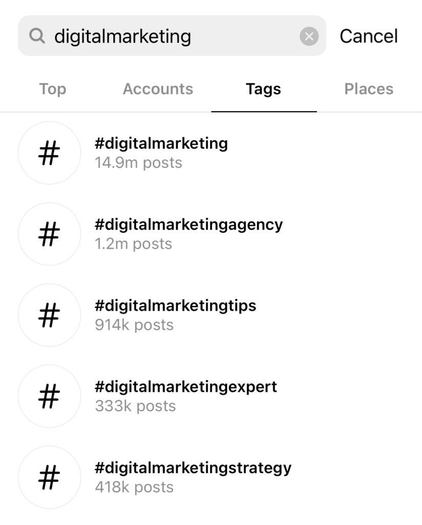 list of hashtags from Instagram relevant to digital marketing