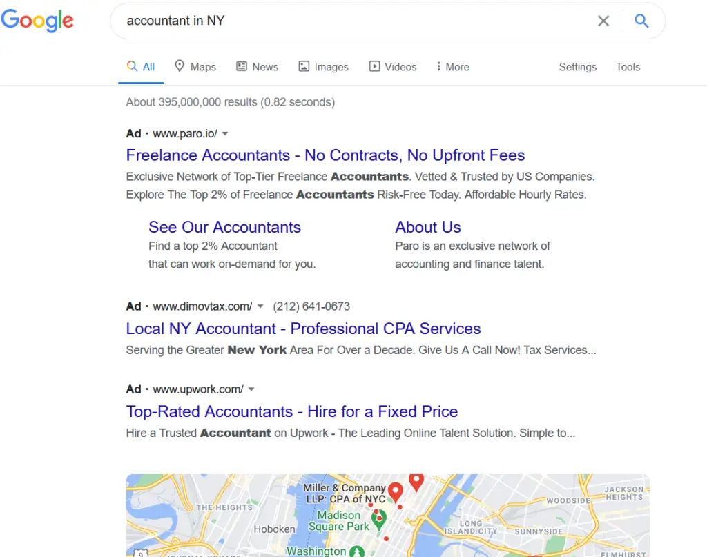 Google search results for the term accountant in NY