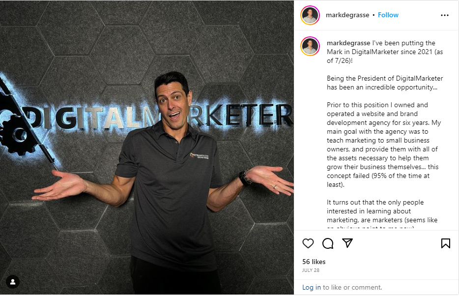 Mark de Grasse of DigitalMarketer featured in an image accompanying a microblog from Instagram.