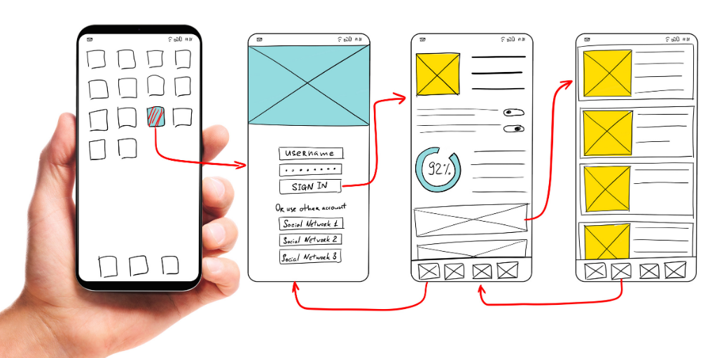 Hand holding mobile device next to floating sketches of site mockup on mobile.