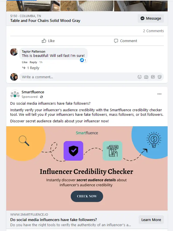 A native advertisement in Facebook for a social media influencer credibility checker.
