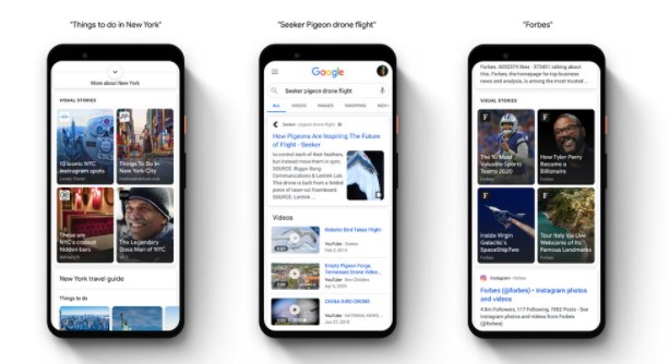 Examples of Google Web Stories in various locations. 