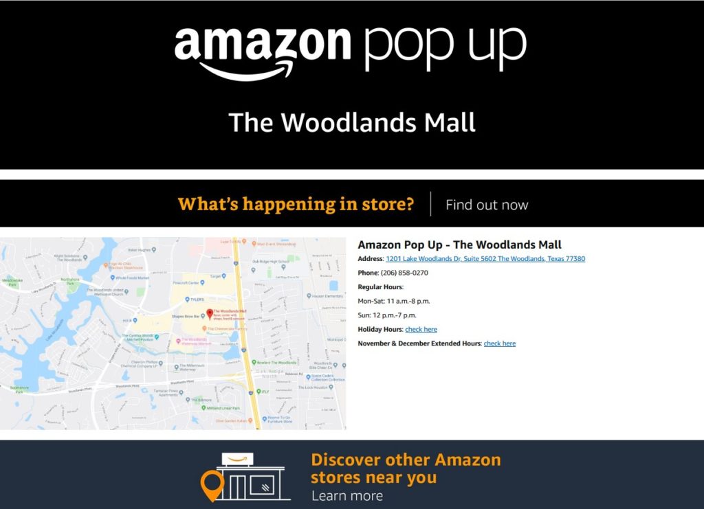 Map of Amazon pop-up shop at The Woodlands Mall in Texas.