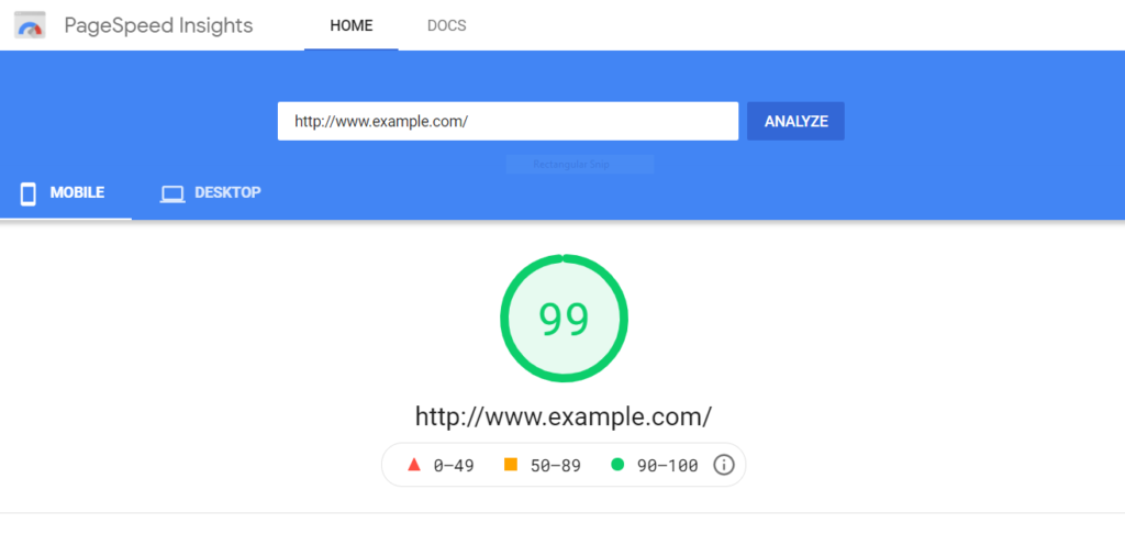PageSpeed Insights shows an overall score for how the site performs. A score of 90 or above is a pass.