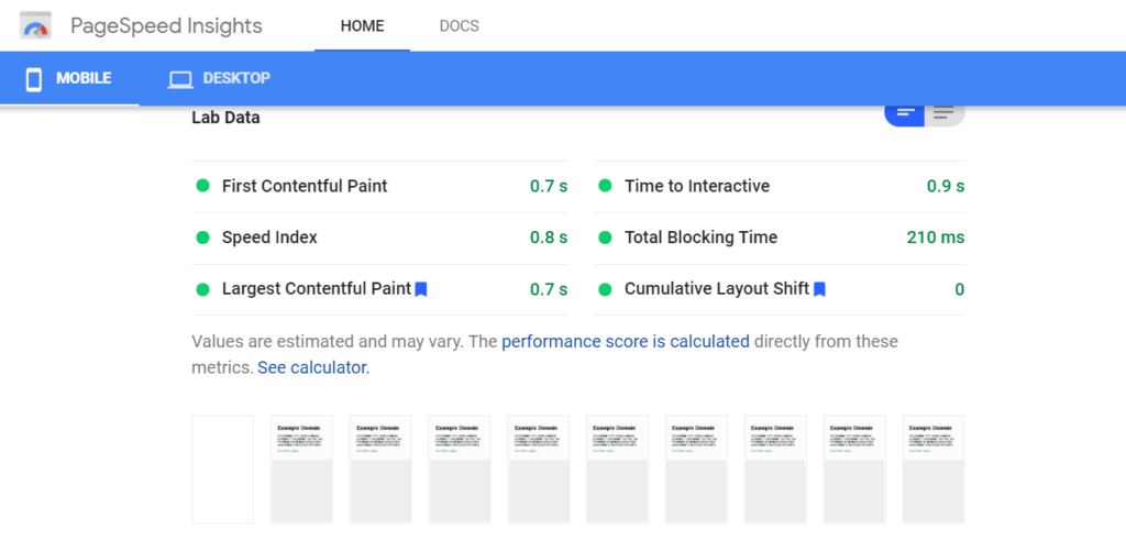 PageSpeed Insights lists lab data results for mobile devices and computers, recommendations, and time each delay costs.