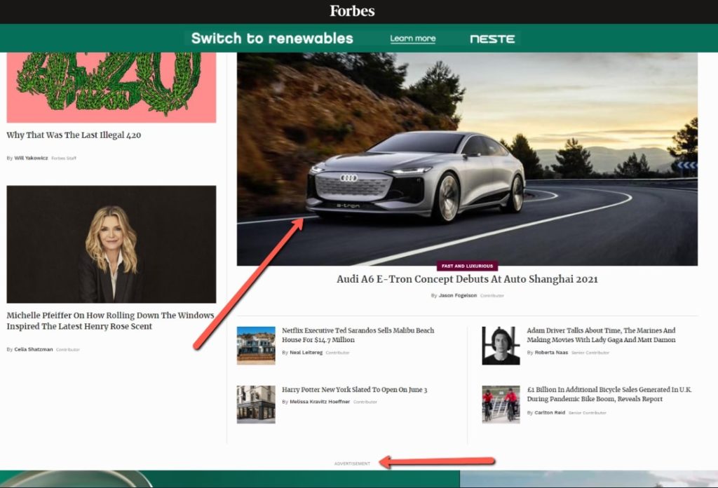Example of a native ad from Audi on Forbes promoting the Audi A-6 E-Tron concept.