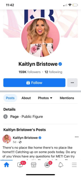 Kaitlyn Bristowe Page on Facebook, serving as an example of the new Facebook Page update.