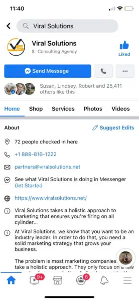 Viral Solutions Page on Facebook, serving as an example of a classic Facebook Page.