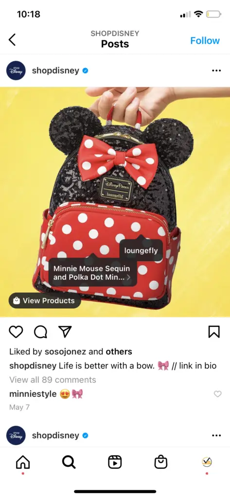 Shoppable post from shopDisney on Instagram featuring a Minnie Mouse bag.