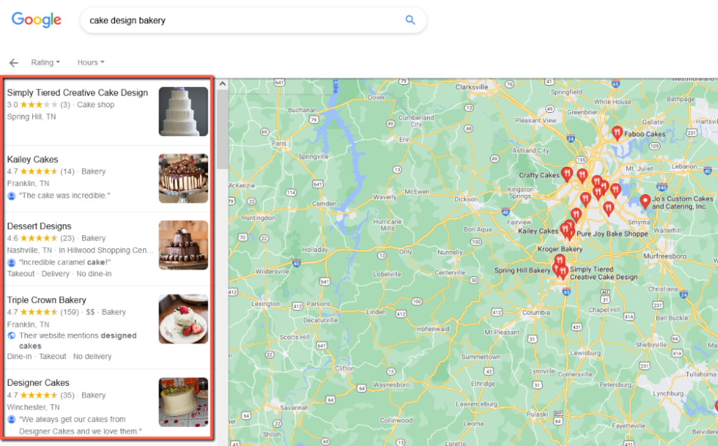 Map and local business listings on Google for cake design bakery. 