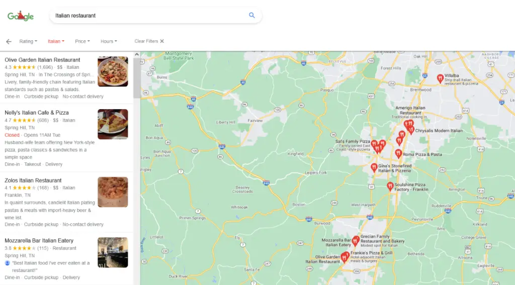 Map and local business listings on Google for Italian restaurant. 

