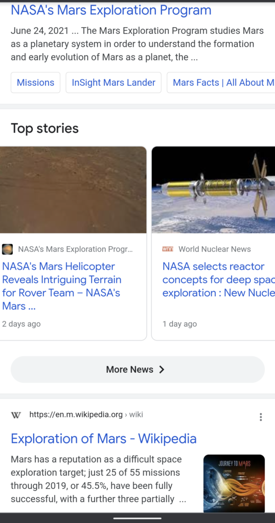 Example of top stories carousel in Google Search, displaying recent news on Mars exploration. 