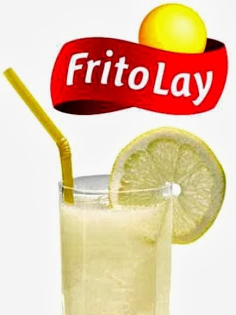 Glass of lemonade with lemon garnish next to Frito-Lay logo.