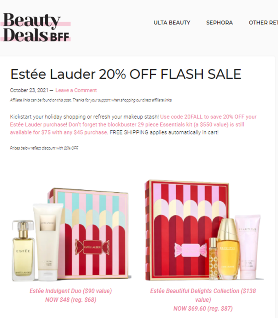 A Beauty Deals BFF 1-day flash sale ad offers 20% off certain packaged Estee Lauder products with free shipping.