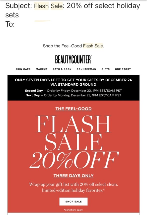 Beautycounter introduced its 3-day flash sale with an email subject line saying flash sale 20% off select holiday sets.