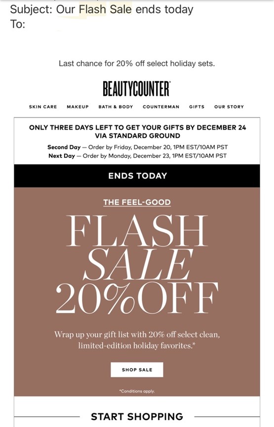 The subject line of Beautycounter’s final email says our flash sale ends today.