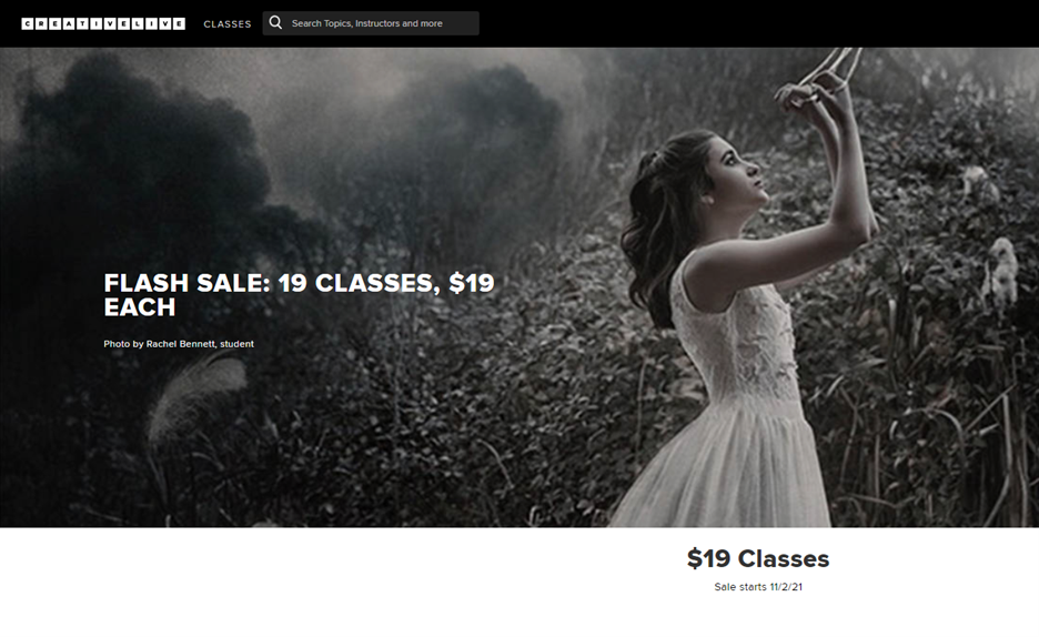 Training website CreativeLive shows a striking image of a woman in a white dress to announce a flash sale for online courses.
