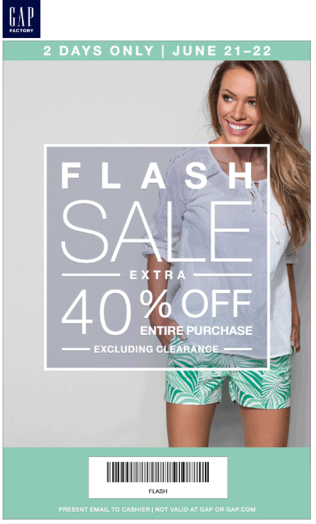 An ad featuring a woman in a shirt and shorts announces a Gap Factory 2-day flash sale with 40% discounts.