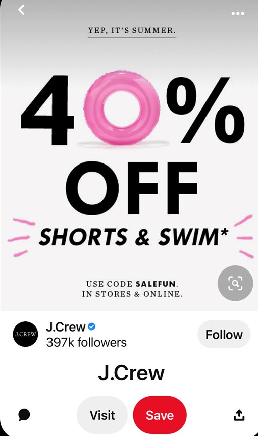 J. Crew advertized a summer flash sale on Pinterest shoppable ad.