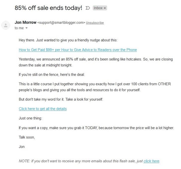 A text email by blogger Jon Morrow announcing a flash sale for an online course.