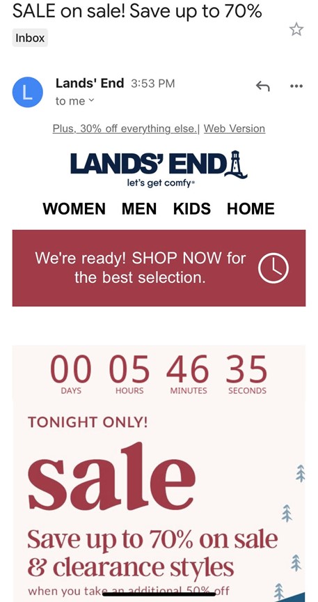 Lands End flash sale body graphic includes a countdown timer to create a sense of urgency.