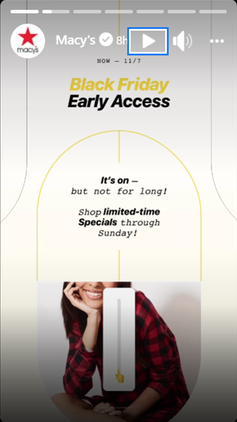 A Macy’s Facebook Stories announcement offers early access for Black Friday deals.