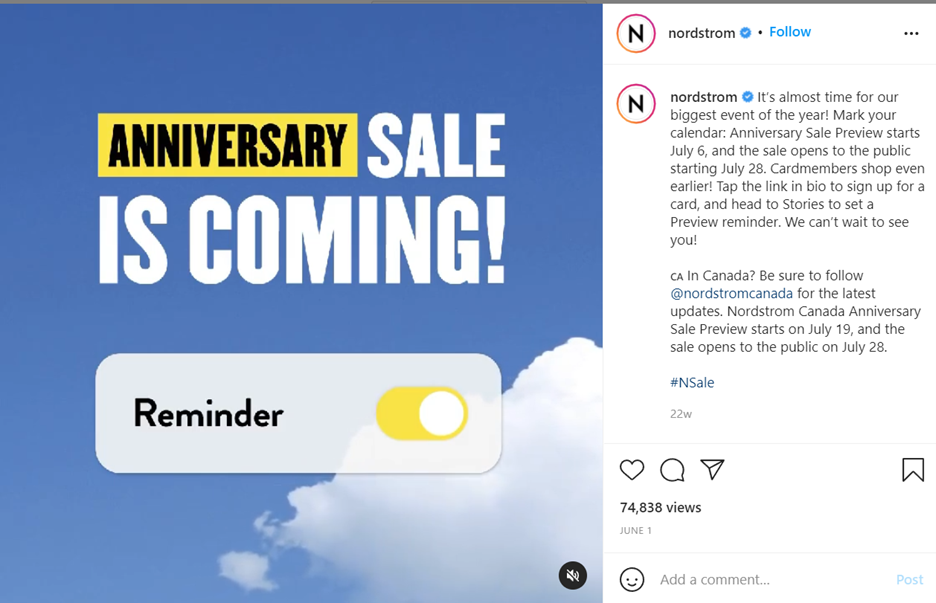 Nordstrom announces on Instagram that its anniversary flash sale is coming.