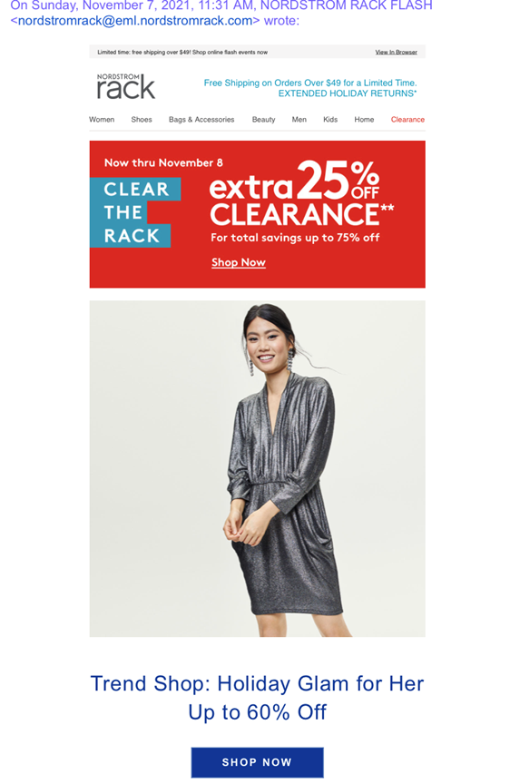 The Nordstrom Rack email body graphic announces up to 75 % off for clearance items and 60% off for other products.