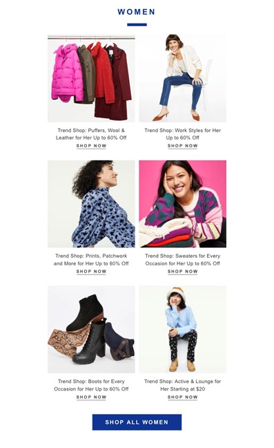 Nordstrom Rack email body graphic includes a product catalog with images of models wearing the clothes and the discounts.