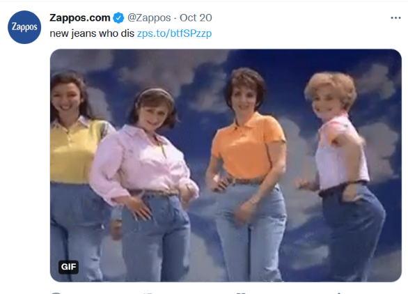 Funny gif of four women from SNL skit with the caption new jeans who dis shared on Zappos’s Twitter.