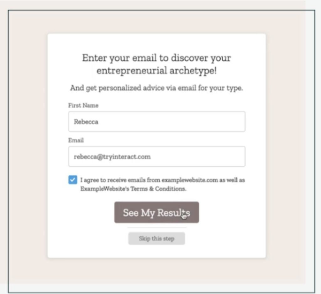 Online form requests email address to get personalized advice based on the answers to a quiz.