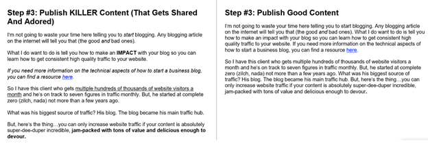 Side-by-side comparison of written content, with the text on the left having better formatting for readability.