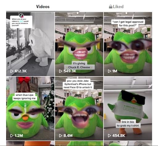 Series of short clips on Duolingo’s TikTok profile.