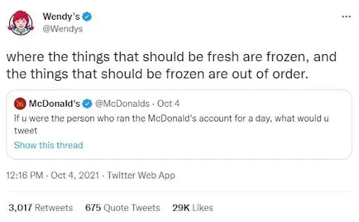 Screenshot of tweet from Wendy’s responding to McDonald’s on Twitter.