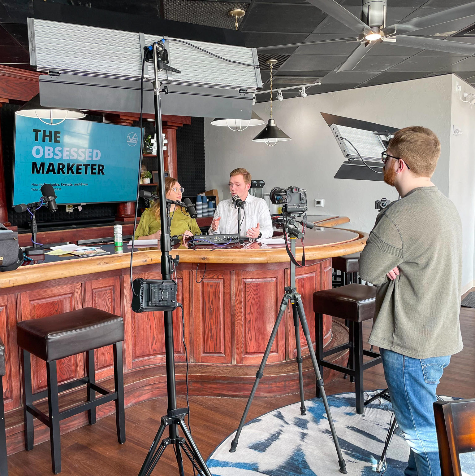 Behind the scene of the shooting of the Obsessed Marketer Podcast.