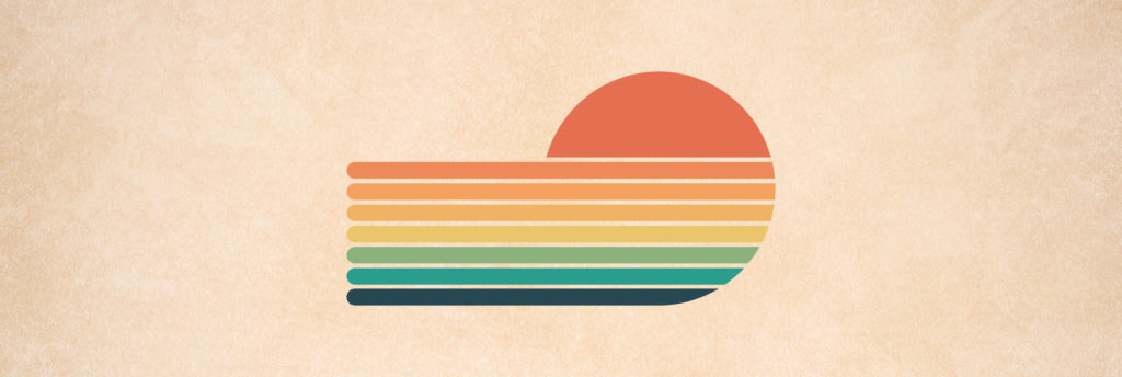 A sunset design made with retro rainbow colors on a light red background.