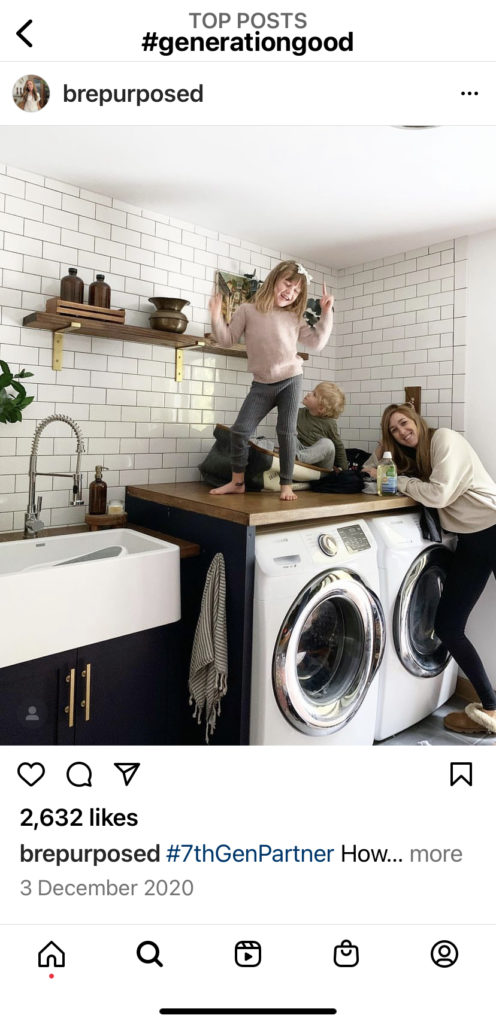 An online community member and her two children pose in their utility room on a #generationgood Instagram post.