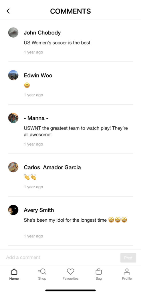Comments by fans on the Nike App show support for pro-soccer player Alex Morgan.