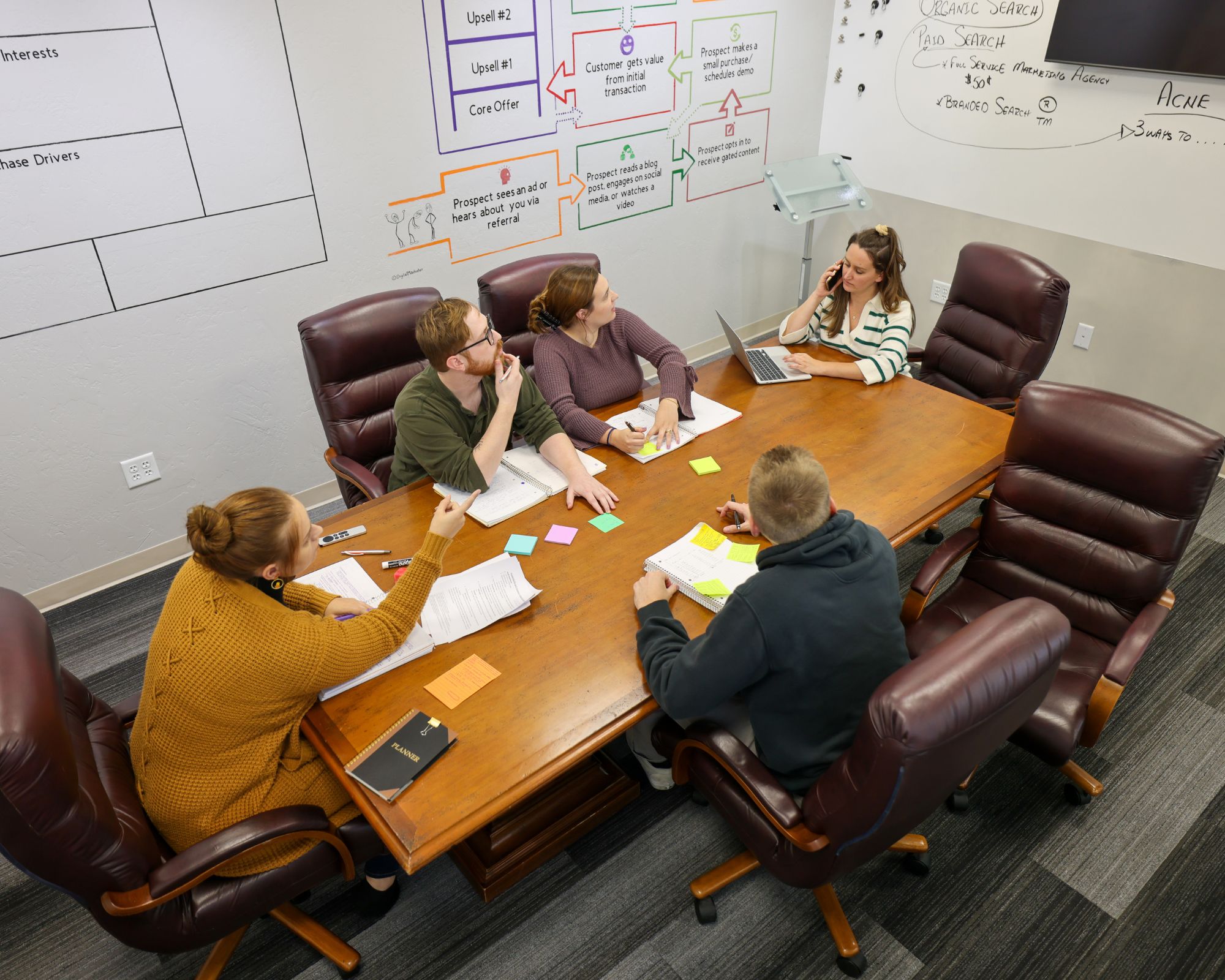 Employees at the nonprofit marketing agency Viral Solutions collaborating on a marketing strategy.