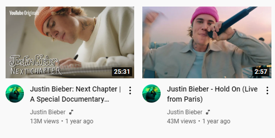 YouTube home page Justin Biever video suggestions based on recent browsing history.
