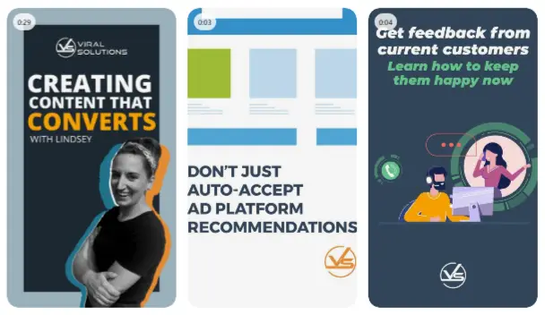 Three video and animation posts from the Viral Solutions Pinterest account.