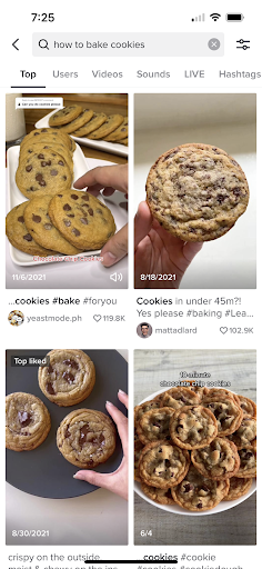 Search on TikTok for how to bake cookies shows chocolate chip recipes.