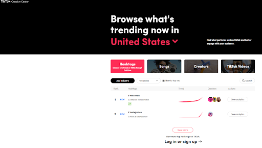 The TikTok Creators page with tabs to search for trending hashtags, sounds, creators, and videos.